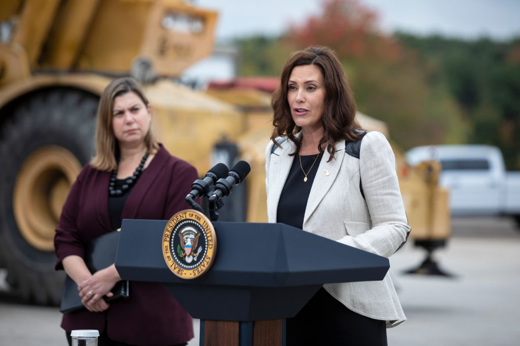 Michigan Governor Gretchen Whitmer speaks before U.S. President Joe Biden at the International Union of Operating Engineers Local 324 on October 5, 2021 in Howell, Michigan.