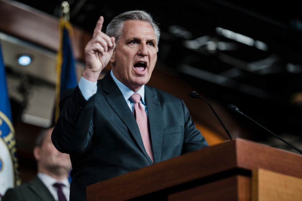 House Minority Leader Kevin McCarthy (R-CA) attends a House Republican Conference news conference as members pack the stage on Capitol Hill on Thursday, Jan. 20, 2022 in Washington, DC.