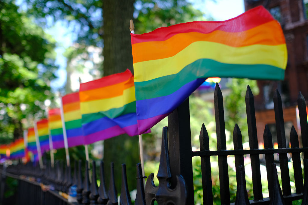 Pride Flags decorate Christopher Park on June 22, 2020 in New York City.