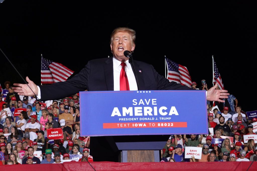 Former President Donald Trump speaks to supporters during a rally at the Iowa State Fairgrounds on October 09, 2021 in Des Moines, Iowa. This is Trump's first rally in Iowa since the 2020 election.