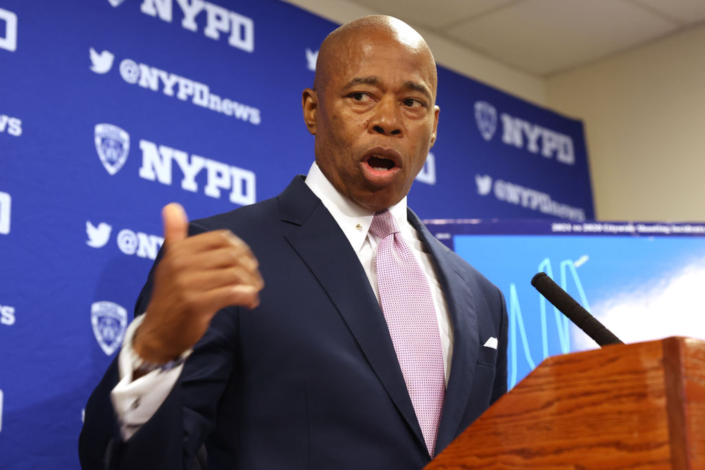 New York Mayor Eric Adams is joined by police detectives of the Gun Violence Suppression Division at a Brooklyn police facility where it was announced that arrests have been made against violent street gangs on June 06, 2022 in New York City.