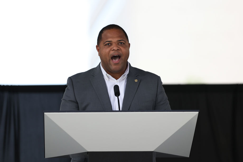 Mayor of Dallas Eric Johnson speaks during the FIFA World Cup 2026 Host City Announcement at the AT&T Discovery District on June 16, 2022 in Dallas, Texas.