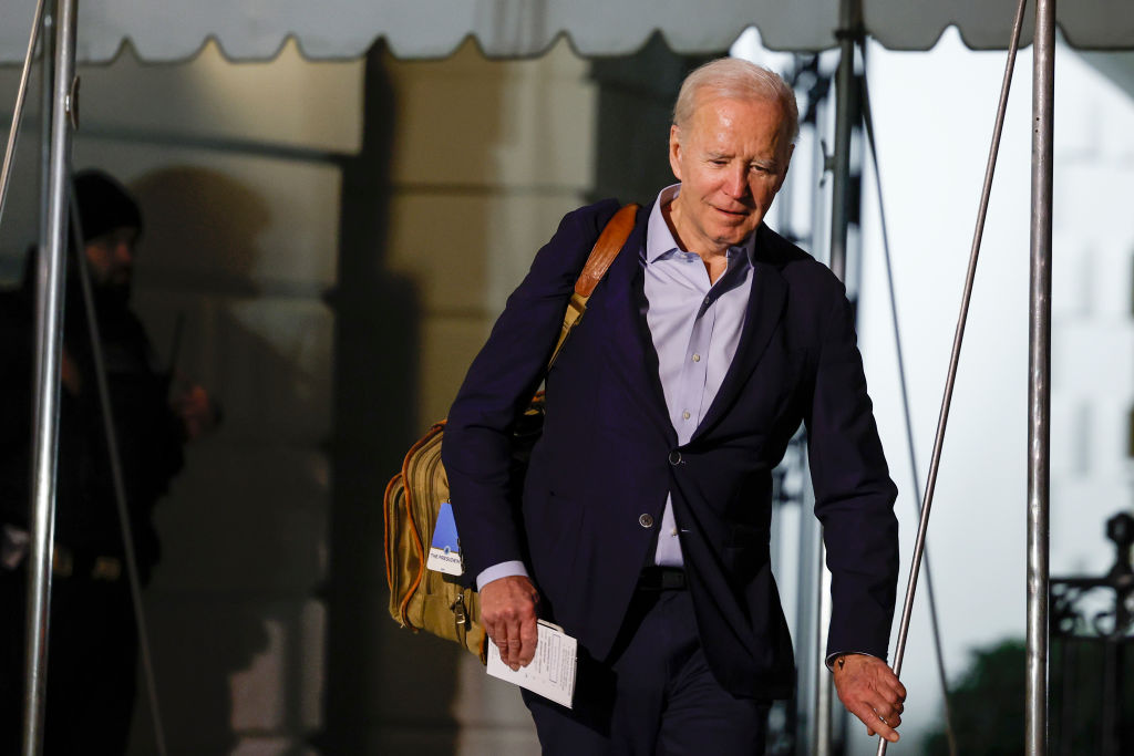 U.S. President Joe Biden walks to speak to reporters as he and first lady Jill Biden leave the White House and walk to Marine One on the South Lawn on December 27, 2022 in Washington, DC. The Bidens are spending the New Years holiday in St. Croix, United States Virgin Islands.