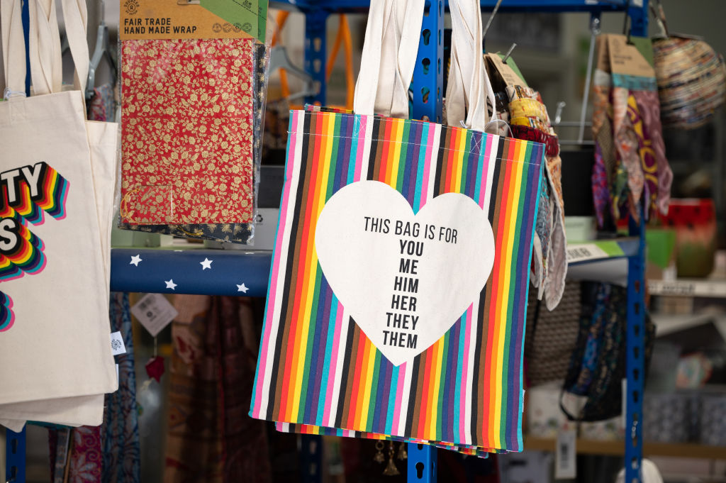 LGBTQ+ rainbow gender pronouns carrier bags are displayed for sale in a charity shop on the High Street on May 20, 2023 in Rochester, England.