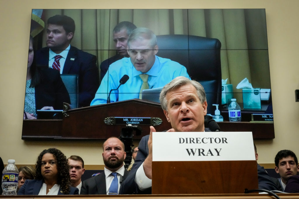 FBI Director Christopher Wray responds to committee chairman Rep. Jim Jordan (R-OH) during a House Judiciary Committee hearing about oversight of the Federal Bureau of Investigation on Capitol Hill July 12, 2023 in Washington, DC.