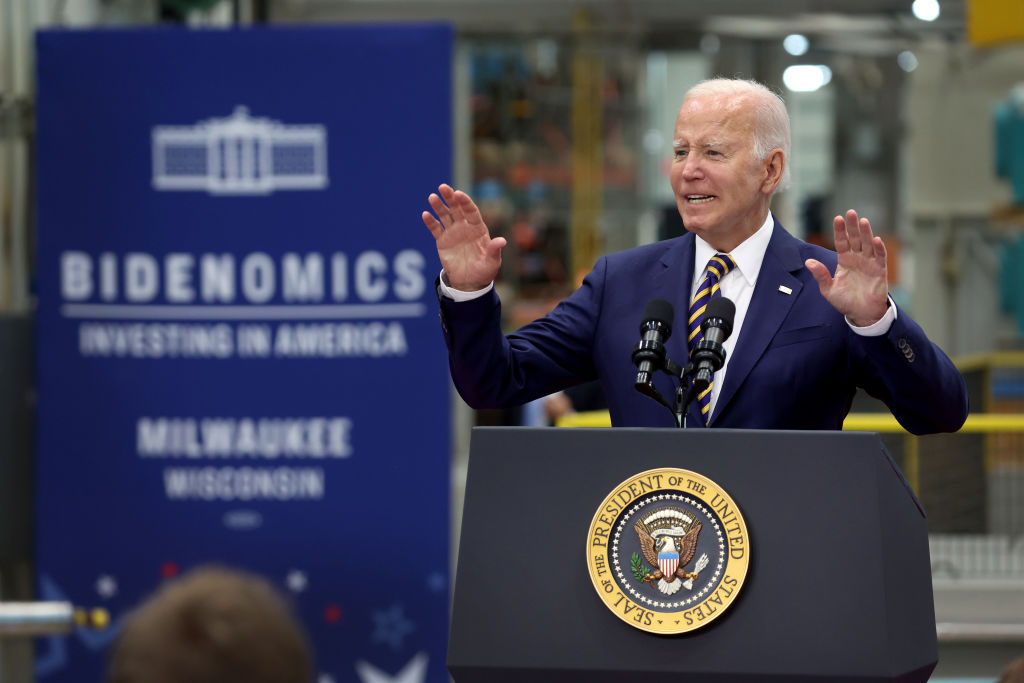 U.S. President Joe Biden speaks to guests at Ingeteam Inc., an electrical equipment manufacturer, on August 15, 2023 in Milwaukee, Wisconsin. Biden used the opportunity to speak about his "Bidenomics" economic plan on the one-year anniversary of the Inflation Reduction Act of 2022.