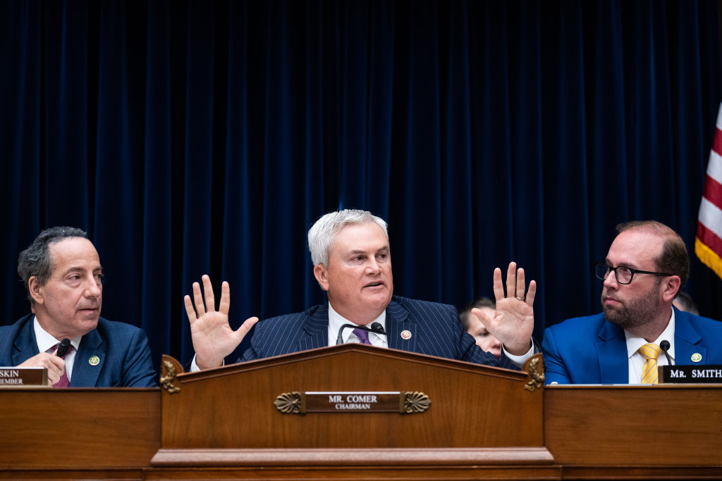 Chairman James Comer, R-Ky., speaks as ranking member Rep. Jamie Raskin, D-Md., and Rep. Jason Smith, R-Mo., chairman of the Ways and Means Committee, look on during the House Oversight and Accountability Committee hearing titled "The Basis for an Impeachment Inquiry of President Joseph R. Biden, Jr.," in Rayburn Building on Thursday, September 28, 2023.