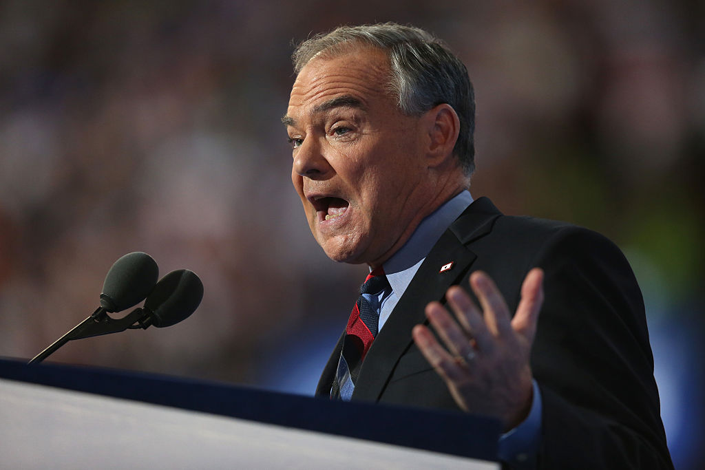 US Vice President nominee Tim Kaine delivers remarks on the third day of the Democratic National Convention at the Wells Fargo Center, July 27, 2016 in Philadelphia, Pennsylvania.