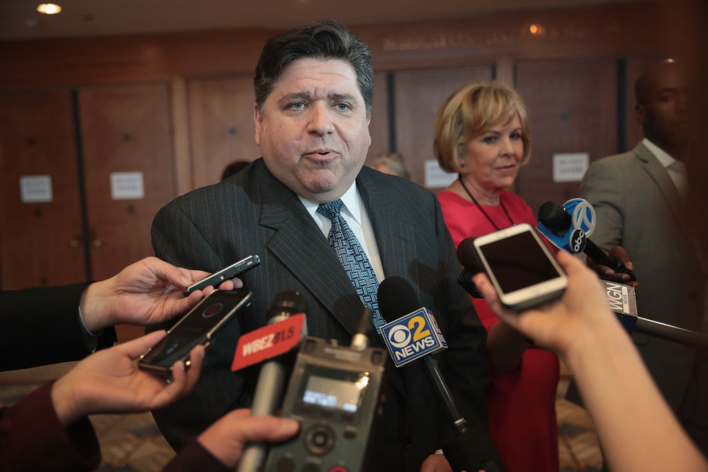 Illinois gubernatorial candidate J.B. Pritzker speaks to reporters at the Idas Legacy Fundraiser Luncheon on April 12, 2018 in Chicago, Illinois.