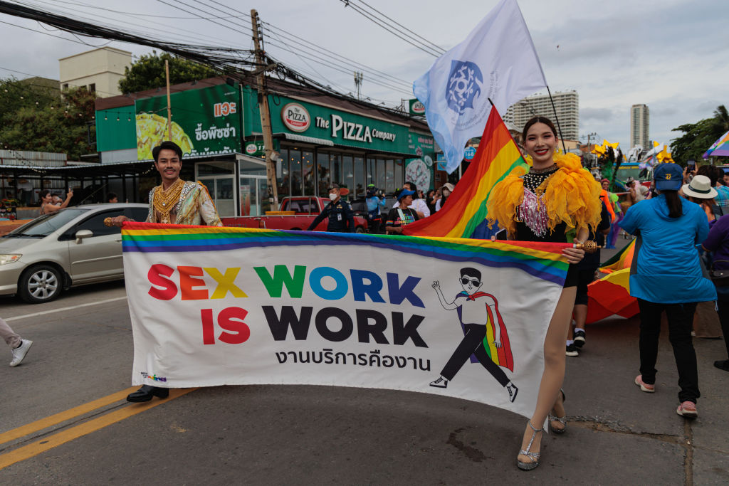 Demonstrators hold a banner during the pride parade. The SWING foundation (service workers in group) held community pride parade in Pattaya, Thailand which gathered sex workers, activists, and LGBTQs.