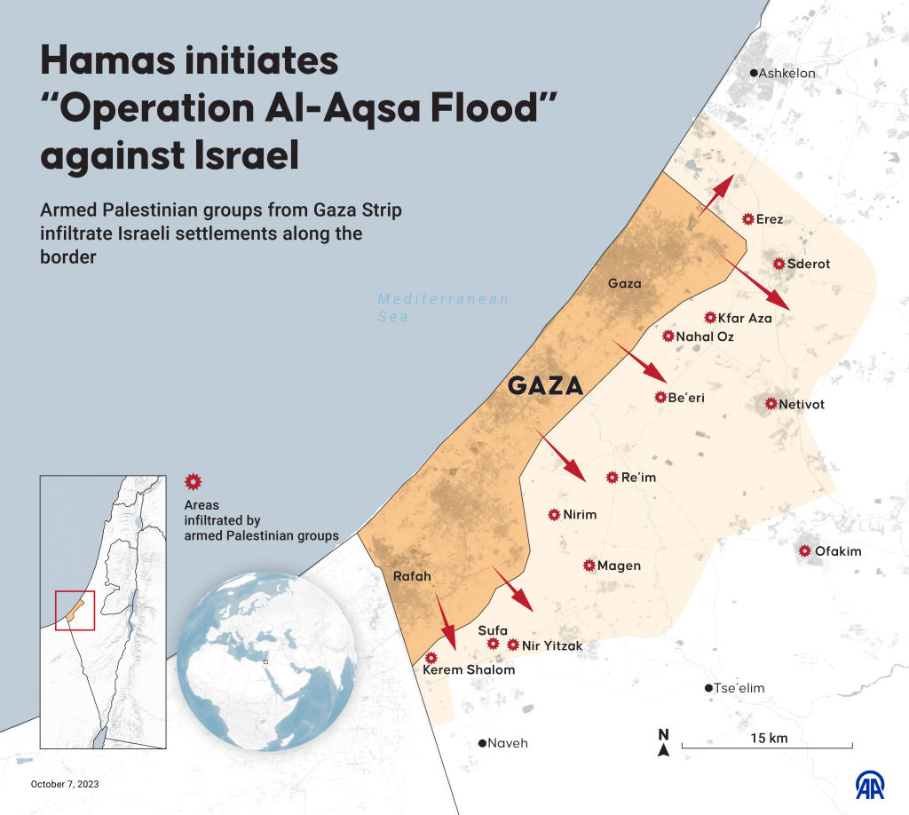 An infographic titled "Hamas initiates "Operation Al-Aqsa Flood" against Israel" created in Ankara, Turkiye on October 07, 2023. Armed Palestinian groups from the Gaza Strip infiltrated Israeli settlements along the border.