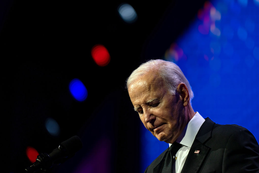 US President Joe Biden delivers remarks on stage during the 2023 Human Rights Campaign National Dinner at the Washington Convention Center on October, 14, 2023 in Washington, DC.